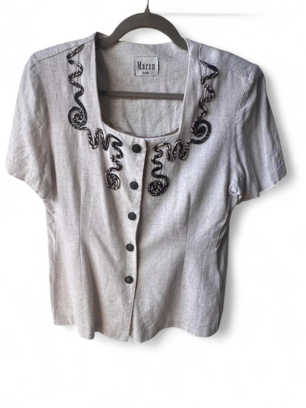 Maren Petite 90s Square Neck Button up Short Sleeve Linen Blouse Sz M